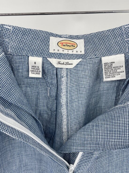 Talbots 8P High Rise Irish Linen Shorts Blue White Houndstooth Coastal Grandma - Picture 3 of 5